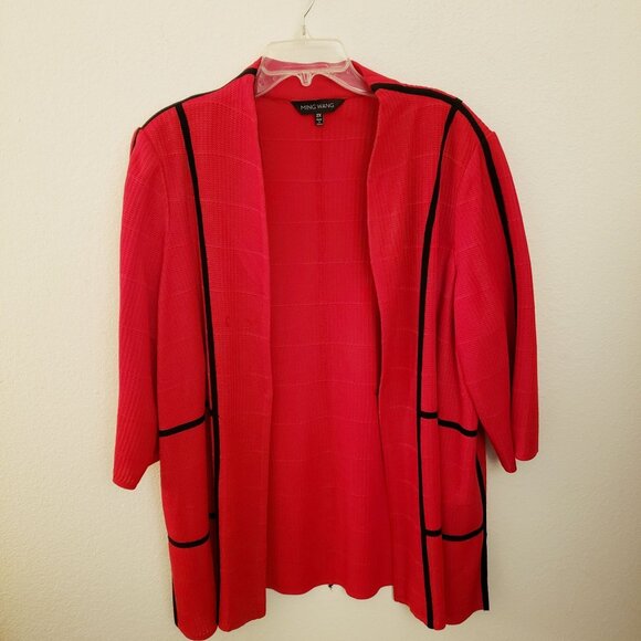 Ming Wang Red Cardigan with Black Trim Open Front 3/4th Sleeve Size 24/26W EUC - Picture 1 of 12
